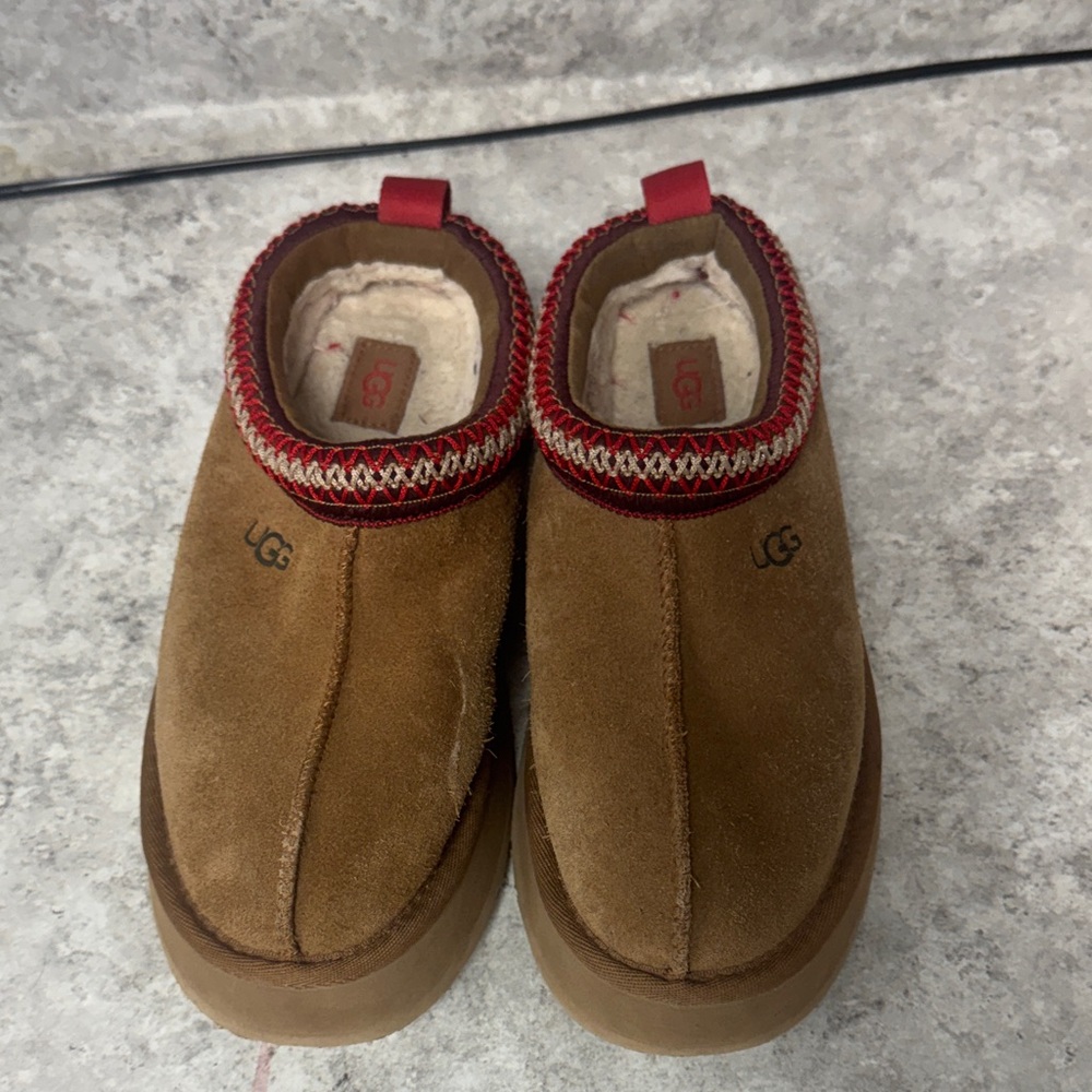UGG Brown Suede Slip-Ons with Red Accents - Picture 5 of 8